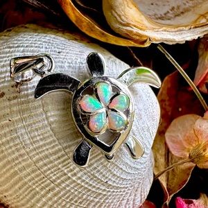925 Sterling silver with inlaid opals side swimming turtle pendant
